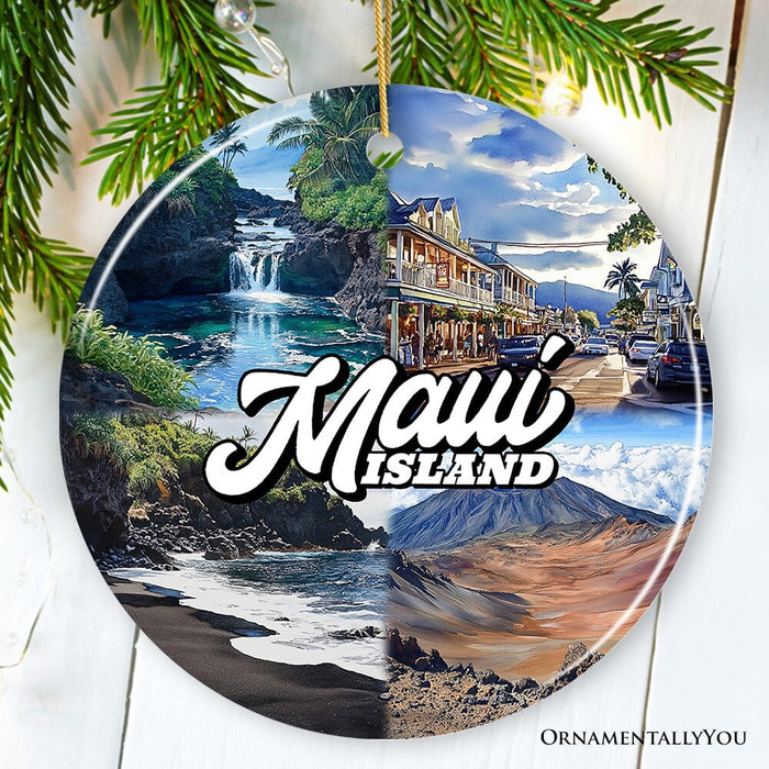 Majestic Maui Island Christmas Ornament, Hawaiian Tropical Paradise Gift and Travel Souvenir Ceramic Ornament OrnamentallyYou Circle Version 2