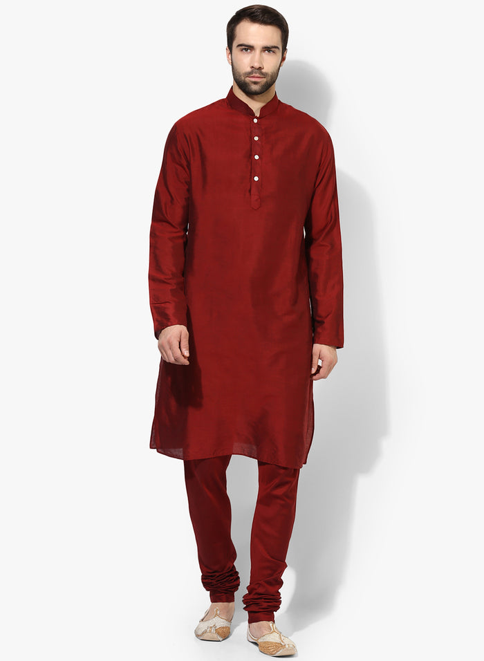 Maroon Cotton Blend Kurta Churidar Set