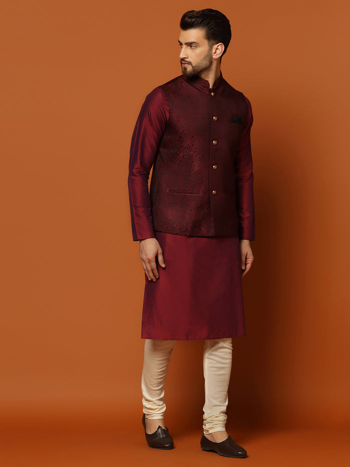 Maroon Cotton Woven Nehru Jacket Kurta Churidar