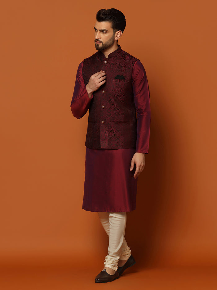 Maroon Cotton Woven Nehru Jacket Kurta Churidar
