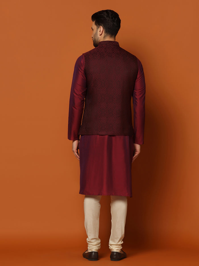 Maroon Cotton Woven Nehru Jacket Kurta Churidar