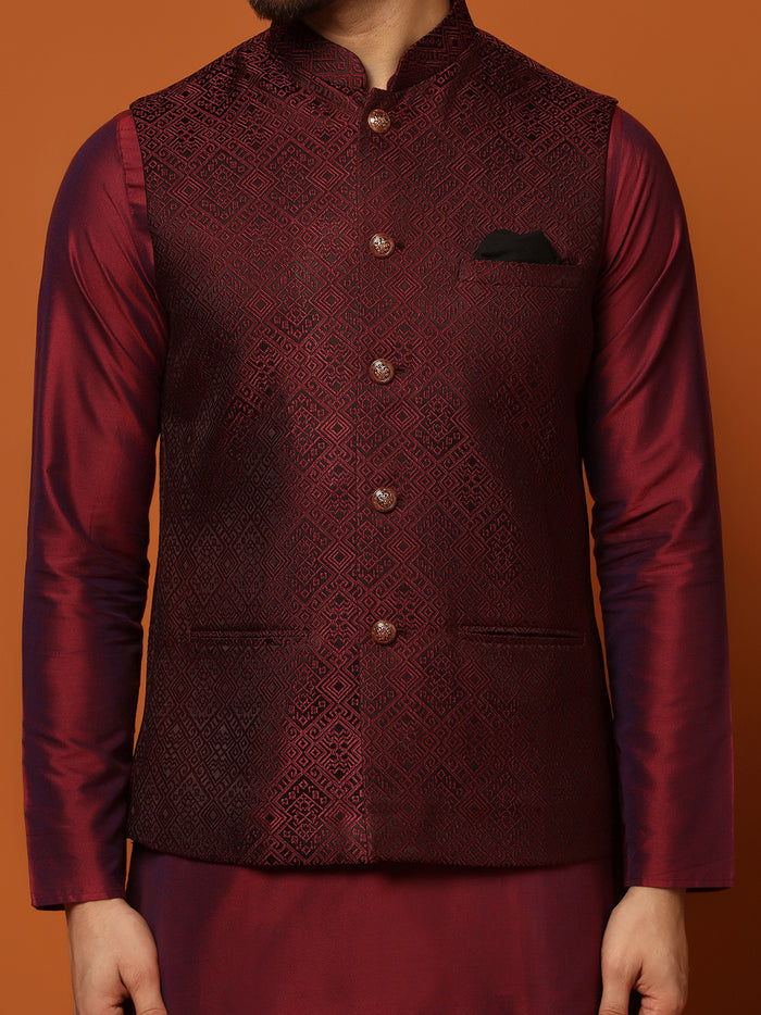Maroon Cotton Woven Nehru Jacket Kurta Churidar