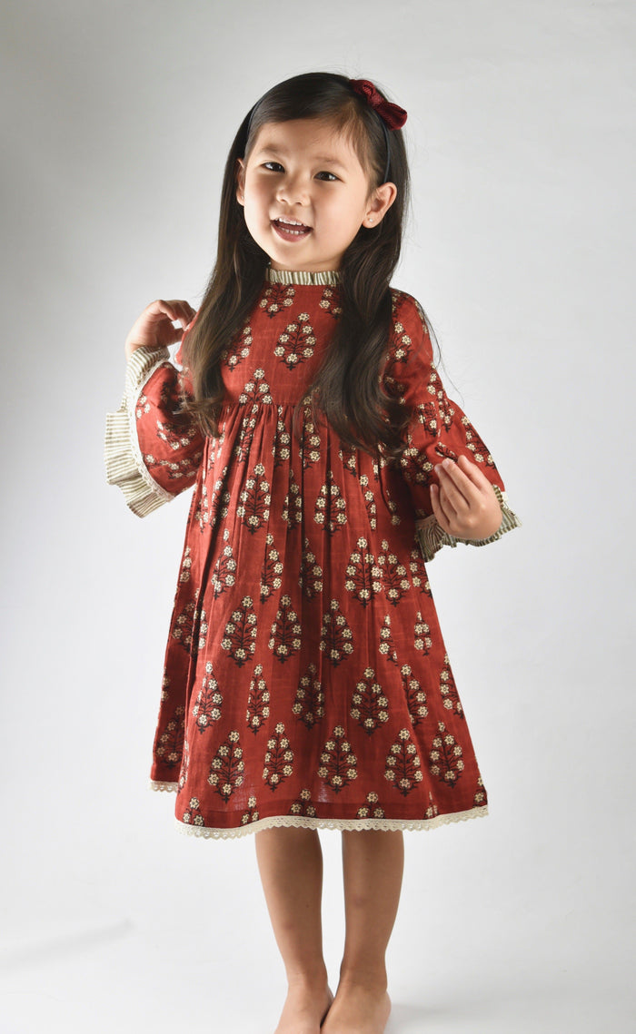 Maroon Dress with Pin Stripe Detail on Sleeve and Neck Dress Yo Baby Wholesale