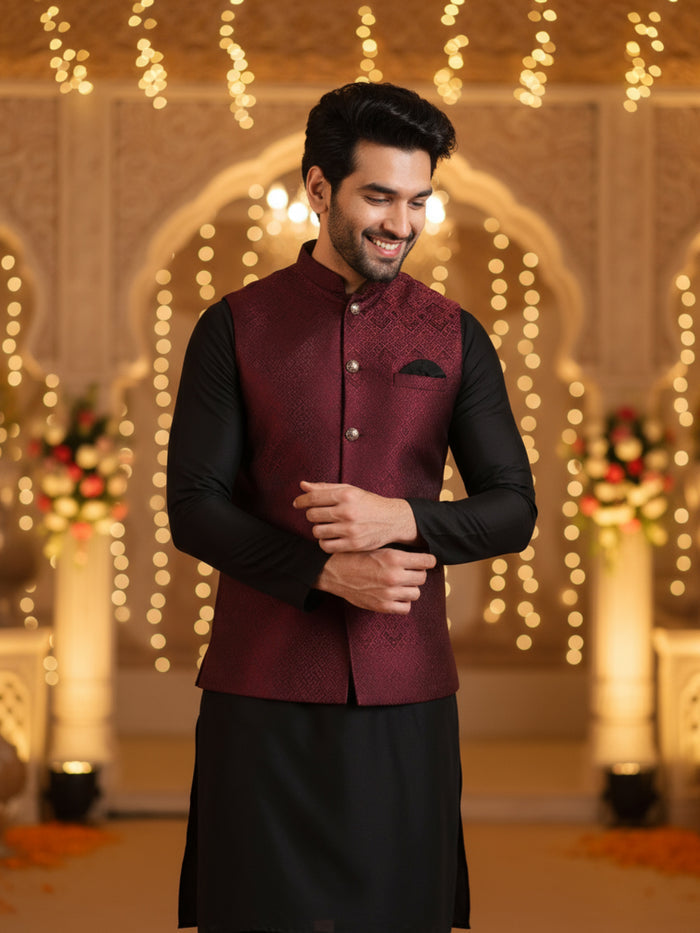 Maroon Jacquard Nehru Jacket Kurta Set