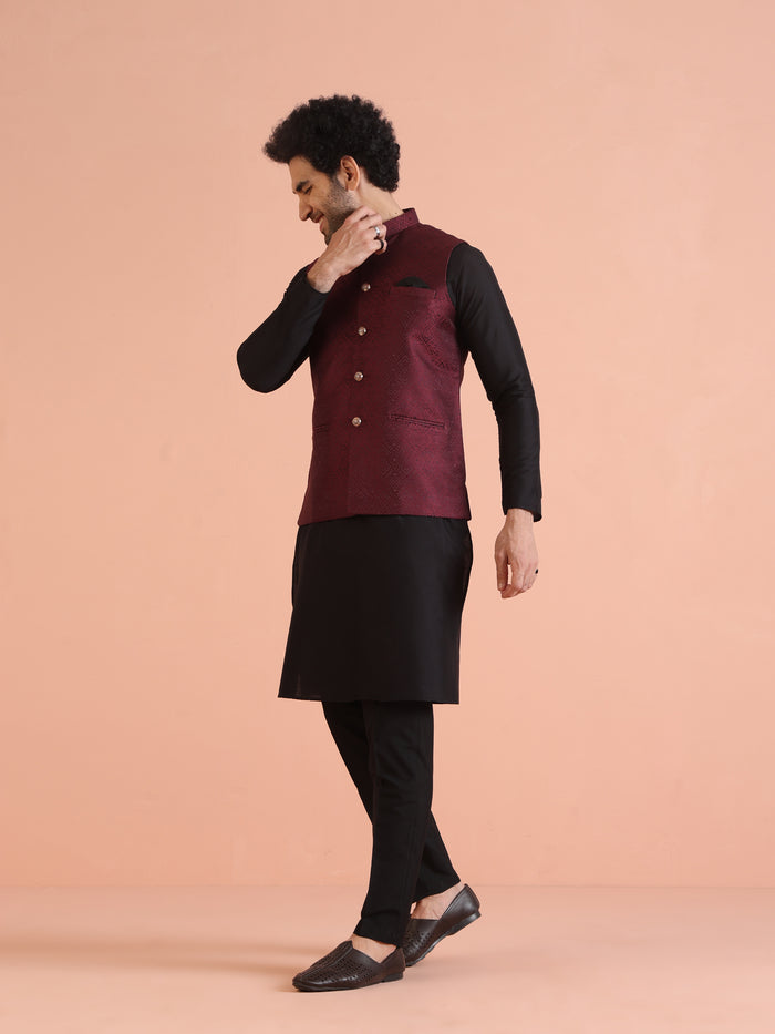 Maroon Jacquard Nehru Jacket Kurta Set