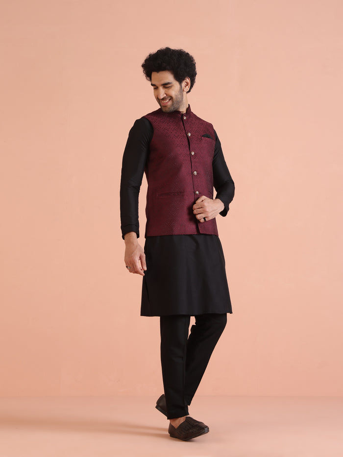 Maroon Jacquard Nehru Jacket Kurta Set