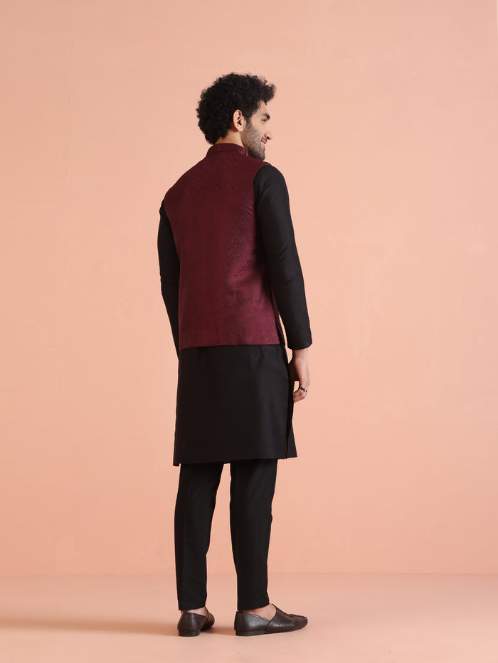 Maroon Jacquard Nehru Jacket Kurta Set