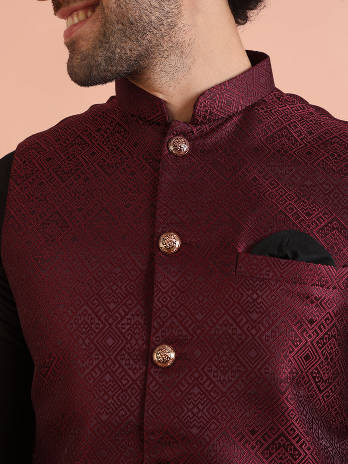 Maroon Jacquard Nehru Jacket Kurta Set
