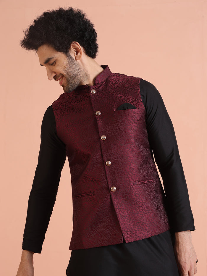 Maroon Jacquard Nehru Jacket Kurta Set