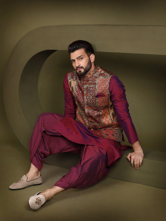 Maroon Silk Blend Embroidered Jacket Set with Dhoti