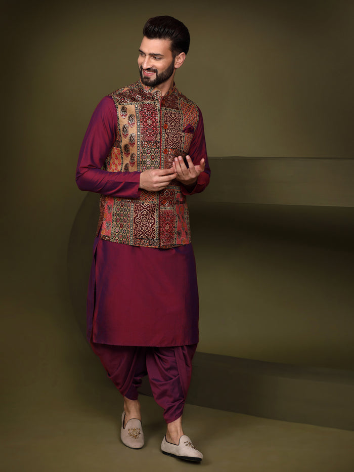 Maroon Silk Blend Embroidered Jacket Set with Dhoti