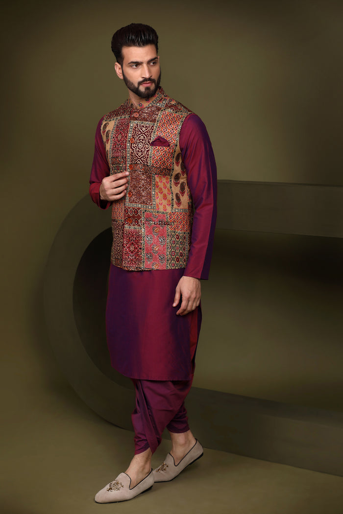 Maroon Silk Blend Embroidered Jacket Set with Dhoti