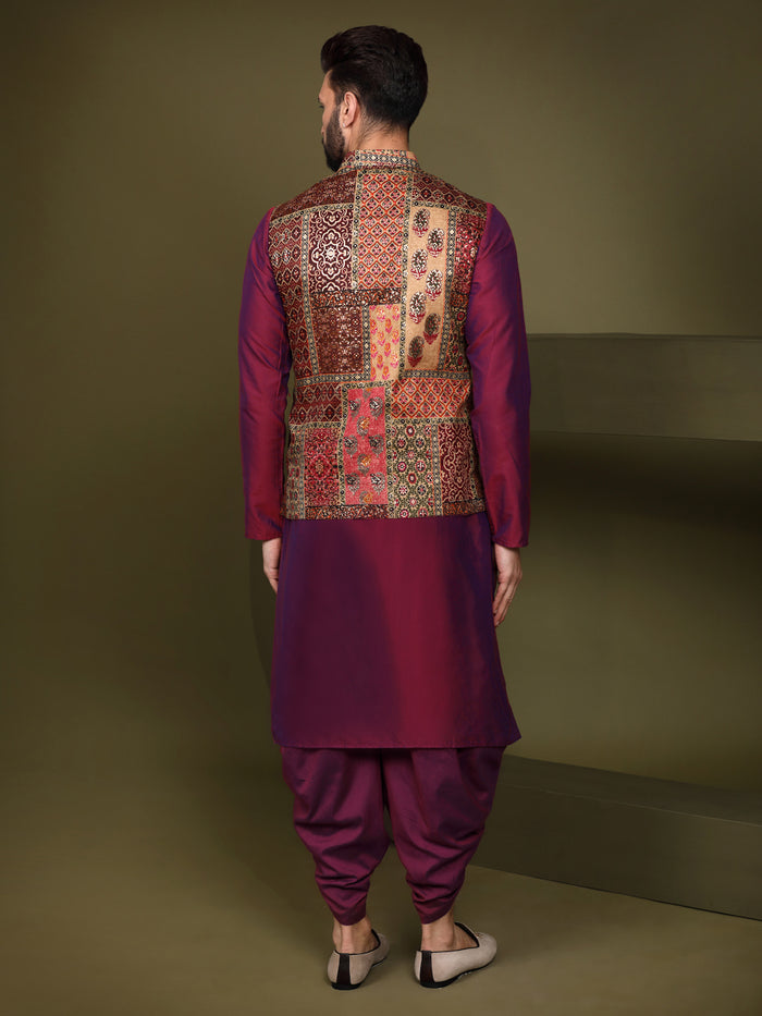 Maroon Silk Blend Embroidered Jacket Set with Dhoti