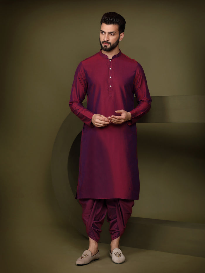 Maroon Silk Blend Embroidered Jacket Set with Dhoti