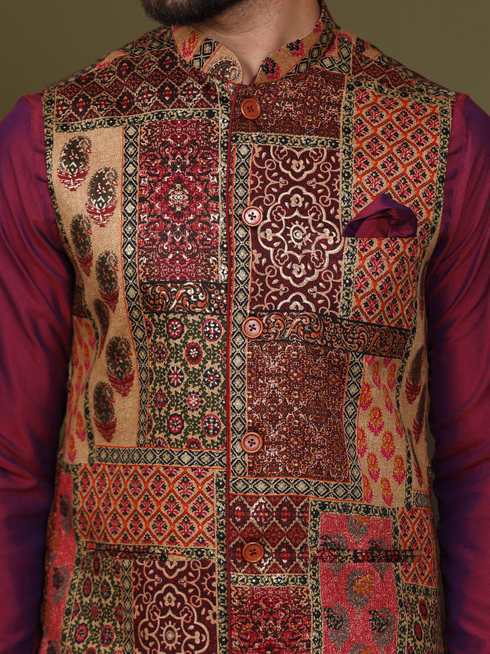 Maroon Silk Blend Embroidered Jacket Set with Dhoti