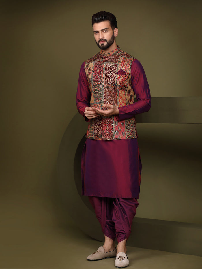 Maroon Silk Blend Embroidered Jacket Set with Dhoti