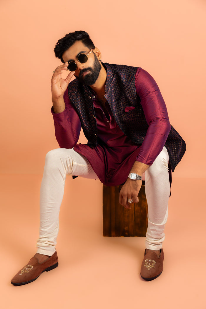 Maroon Silk Blend Jacket Kurta Churidar Set