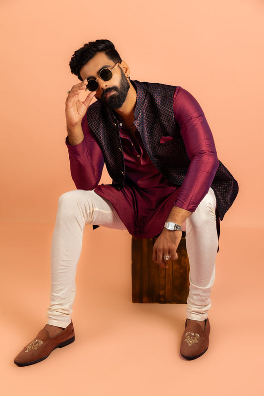 Maroon Silk Blend Jacket Kurta Churidar Set