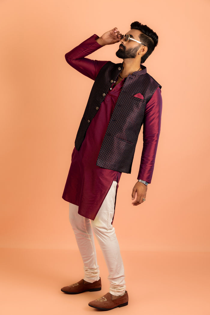 Maroon Silk Blend Jacket Kurta Churidar Set