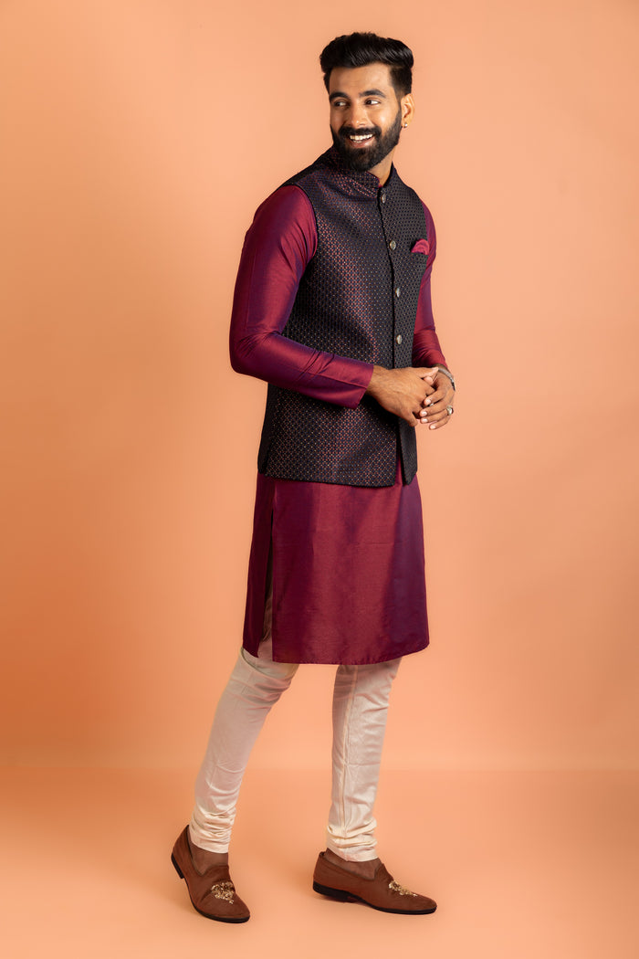 Maroon Silk Blend Jacket Kurta Churidar Set