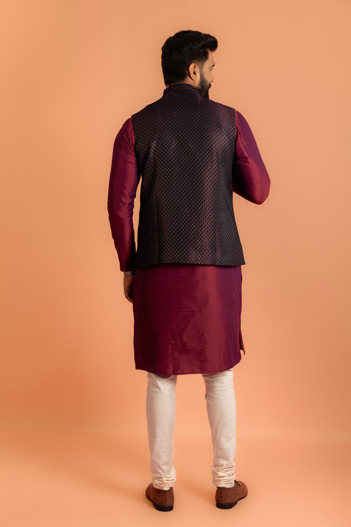 Maroon Silk Blend Jacket Kurta Churidar Set