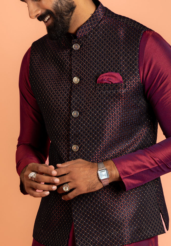 Maroon Silk Blend Jacket Kurta Churidar Set