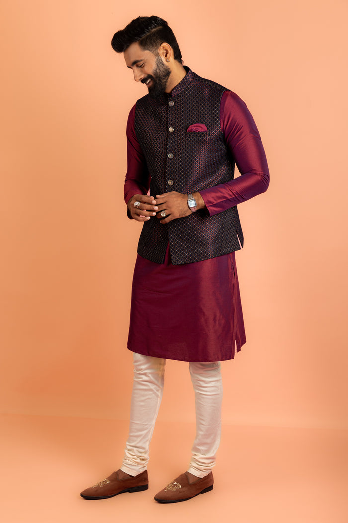 Maroon Silk Blend Jacket Kurta Churidar Set