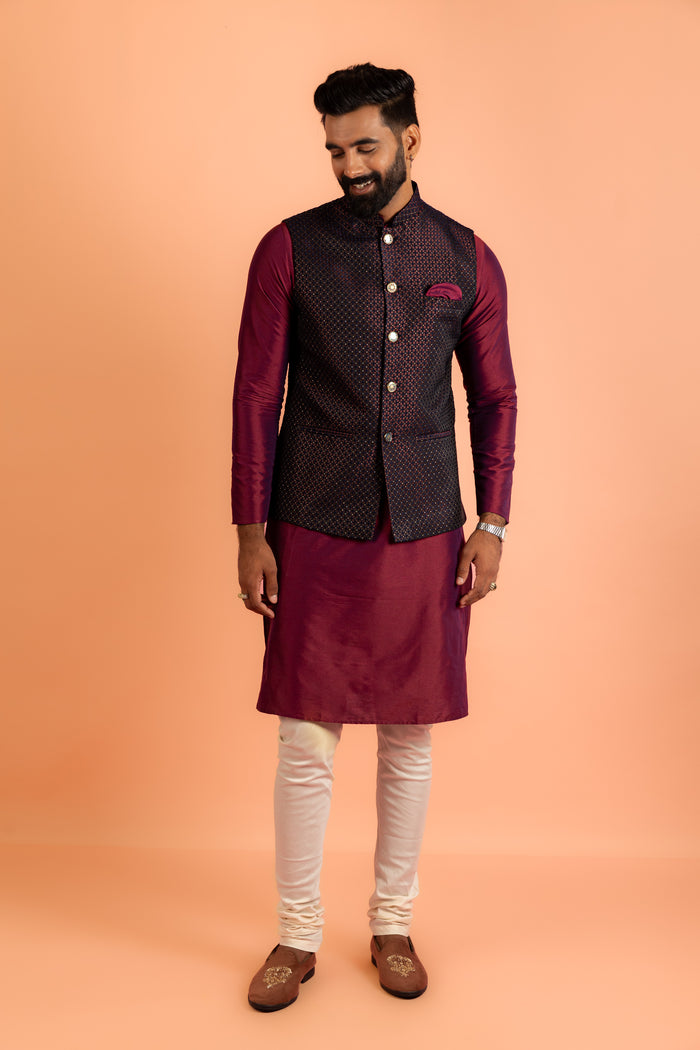 Maroon Silk Blend Jacket Kurta Churidar Set
