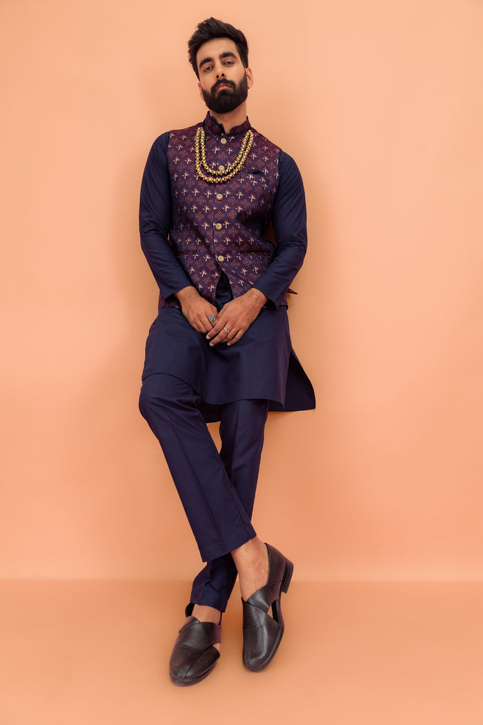 Maroon Textured Jacket Kurta Trouser Set
