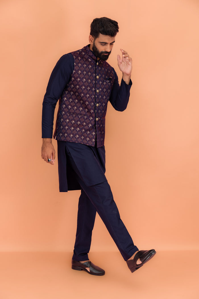 Maroon Textured Jacket Kurta Trouser Set
