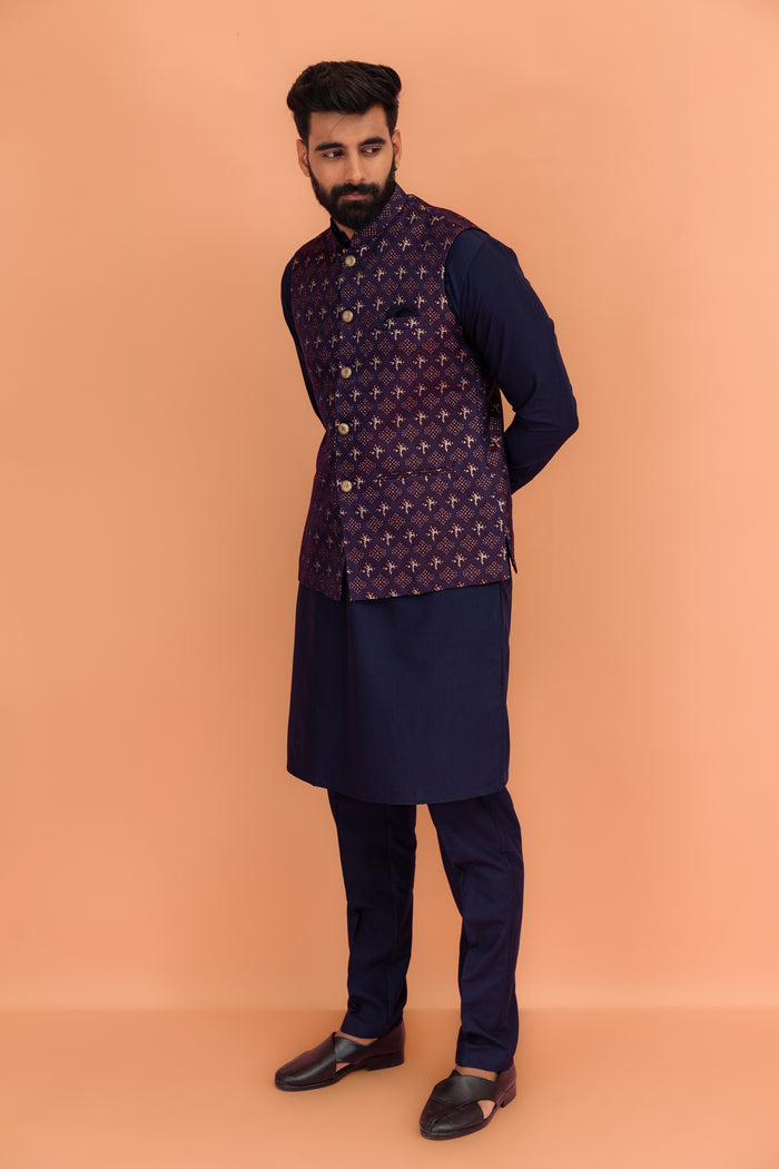 Maroon Textured Jacket Kurta Trouser Set