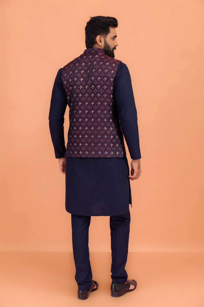 Maroon Textured Jacket Kurta Trouser Set