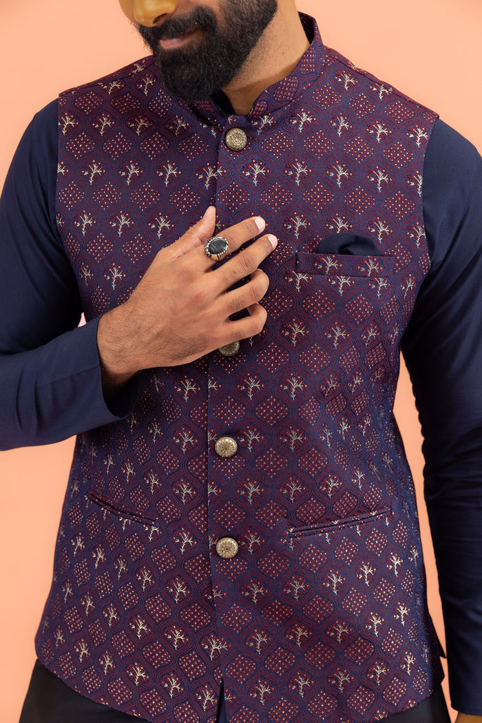 Maroon Textured Jacket Kurta Trouser Set