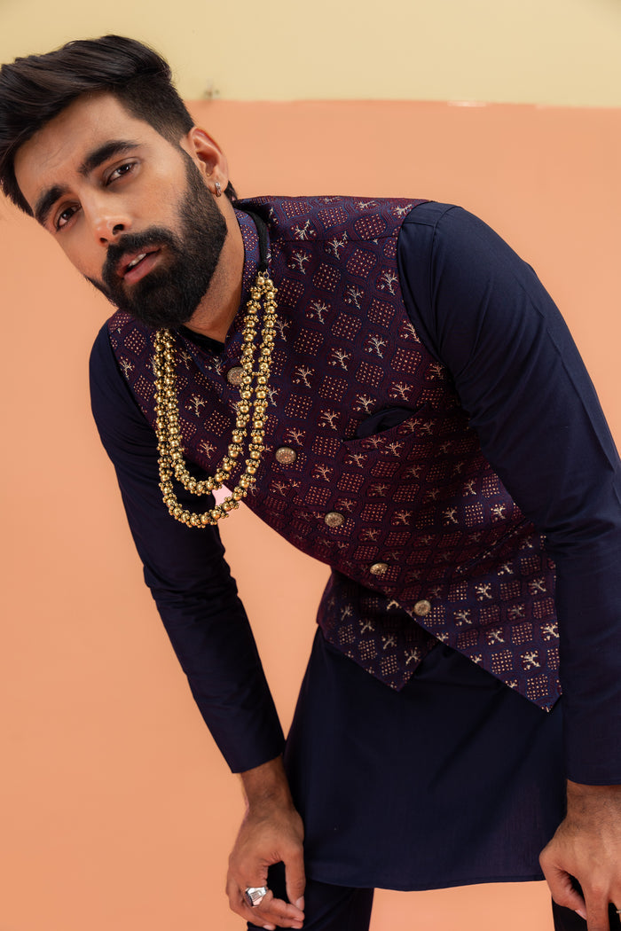 Maroon Textured Jacket Kurta Trouser Set