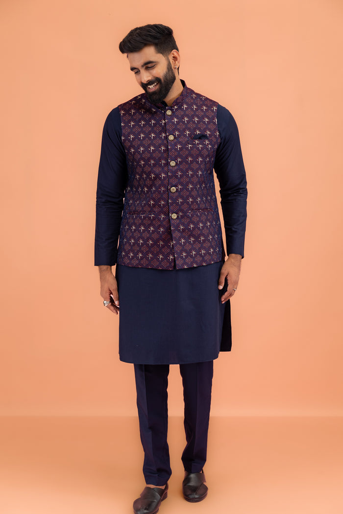 Maroon Textured Jacket Kurta Trouser Set