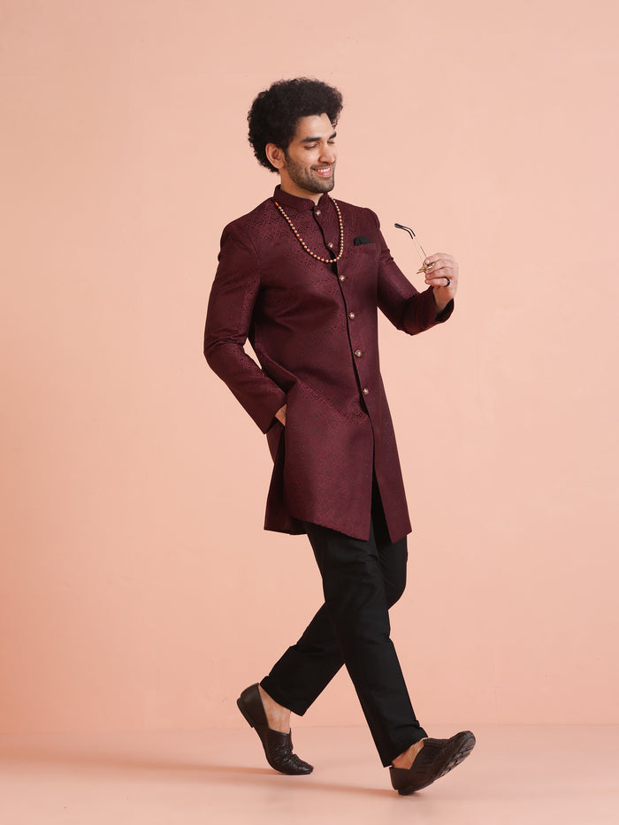 Maroon Textured Sherwani Trouser Set