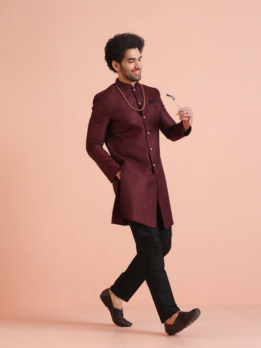 Maroon Textured Sherwani Trouser Set