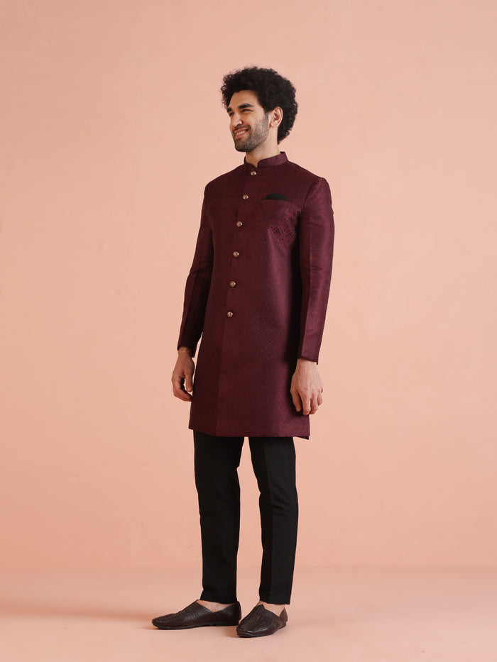 Maroon Textured Sherwani Trouser Set