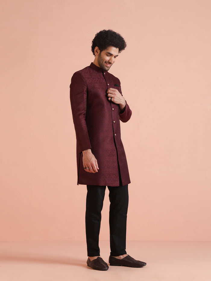Maroon Textured Sherwani Trouser Set