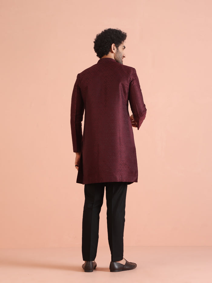 Maroon Textured Sherwani Trouser Set