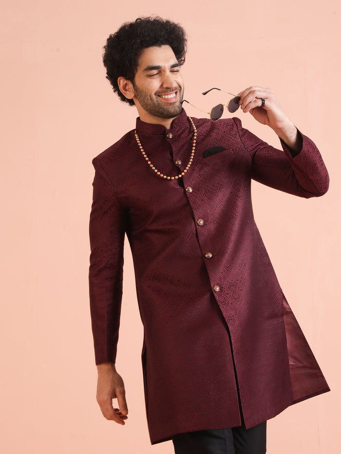 Maroon Textured Sherwani Trouser Set