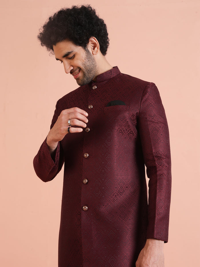 Maroon Textured Sherwani Trouser Set