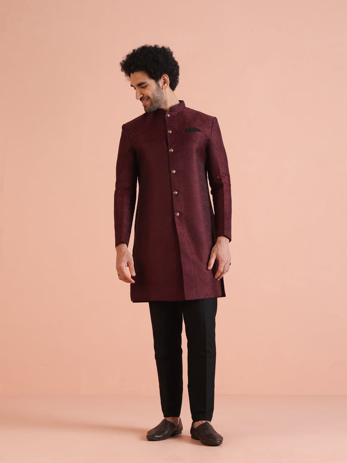 Maroon Textured Sherwani Trouser Set
