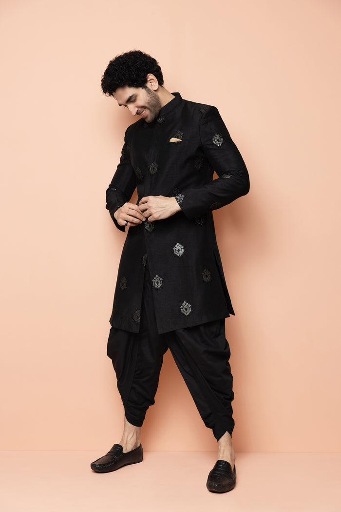 Men Black Embroidered Indowestern Dhoti Set