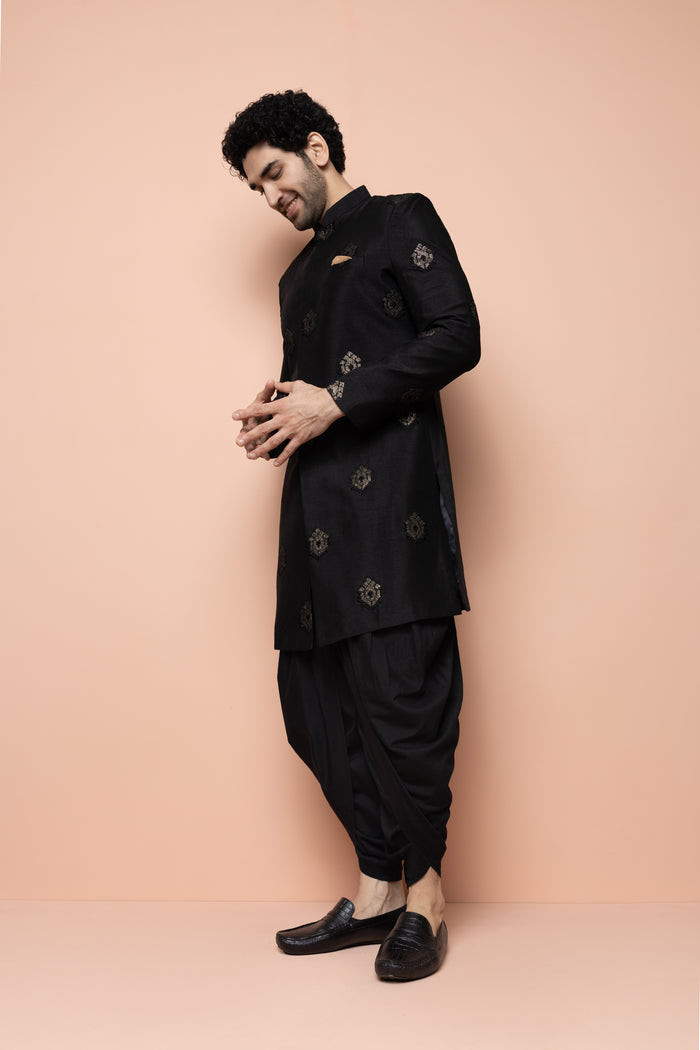 Men Black Embroidered Indowestern Dhoti Set