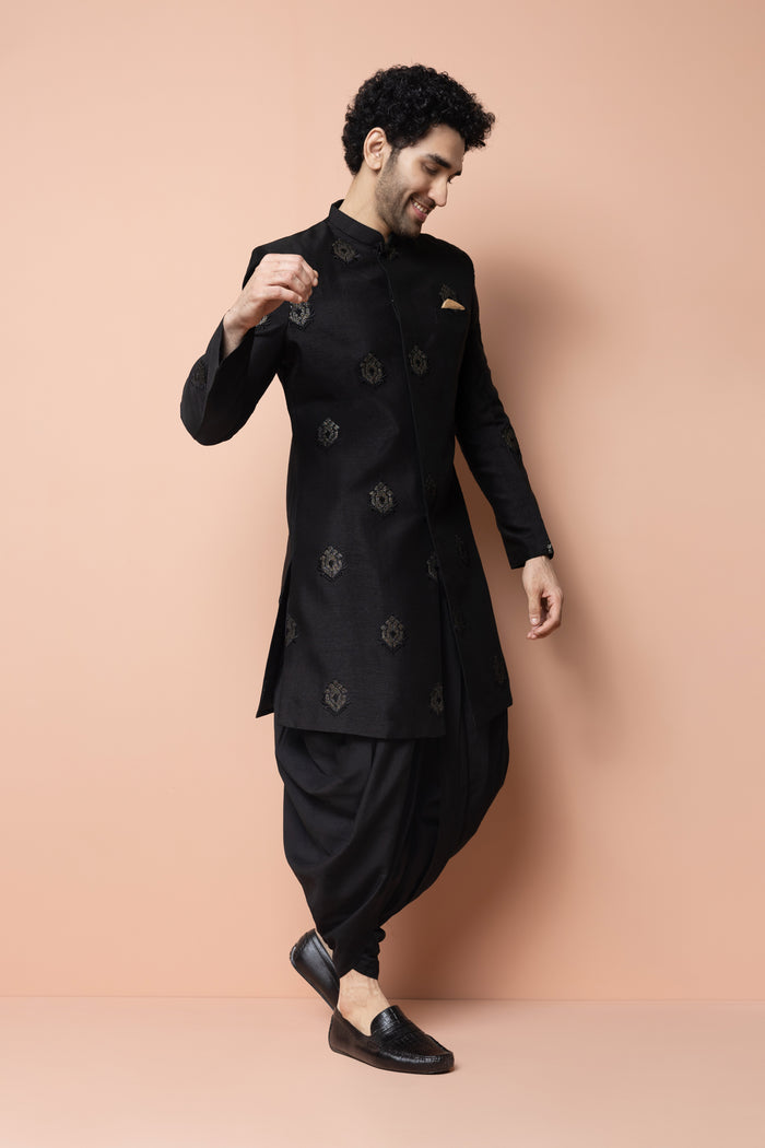 Men Black Embroidered Indowestern Dhoti Set