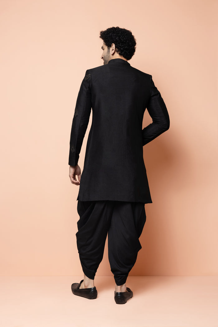 Men Black Embroidered Indowestern Dhoti Set