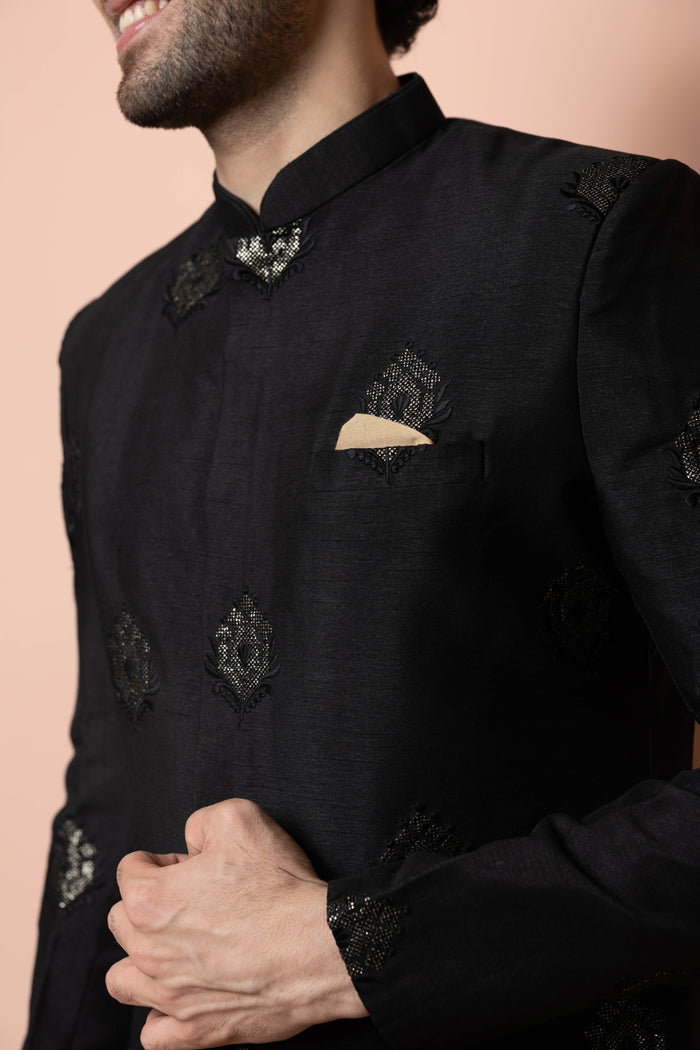 Men Black Embroidered Indowestern Dhoti Set