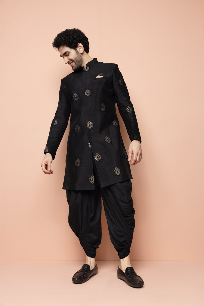 Men Black Embroidered Indowestern Dhoti Set