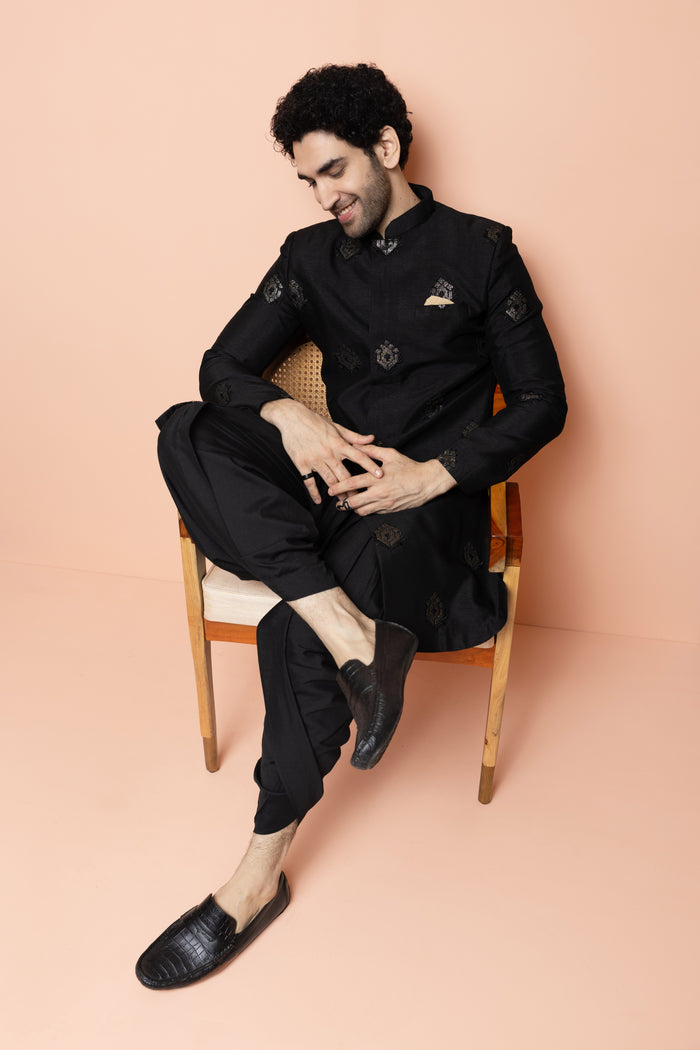 Men Black Embroidered Indowestern Dhoti Set